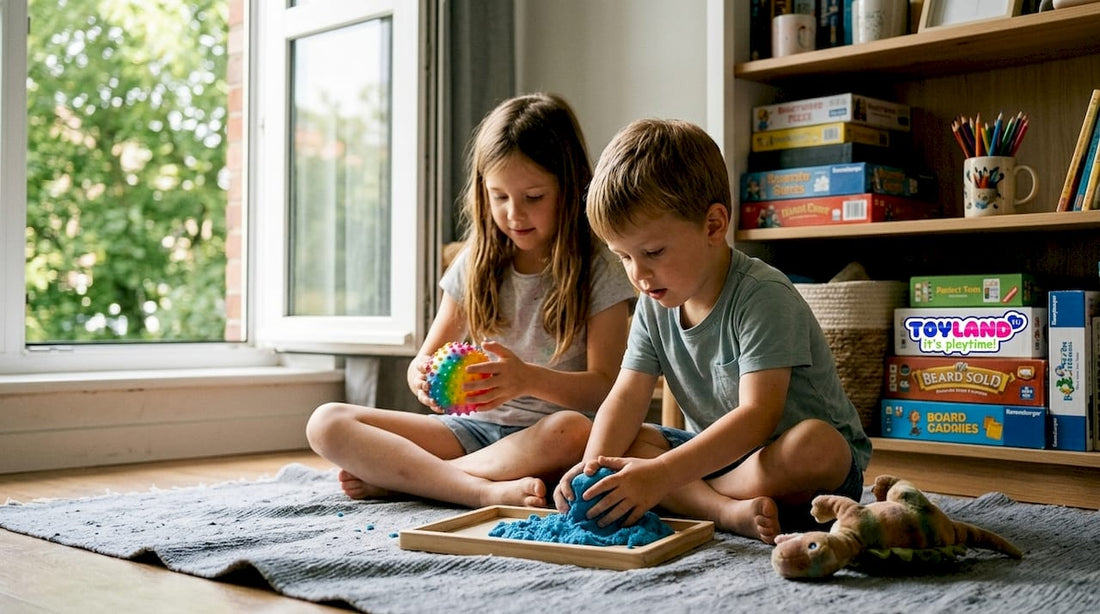 Children playing with sensory toys on rug