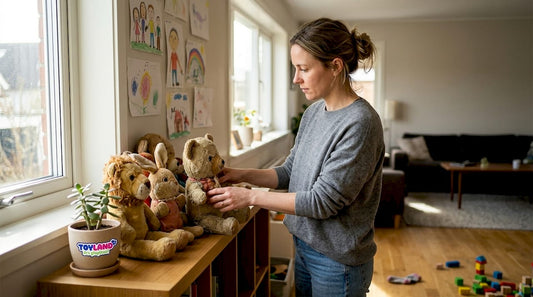 Woman arranging vintage plush toys on shelf
