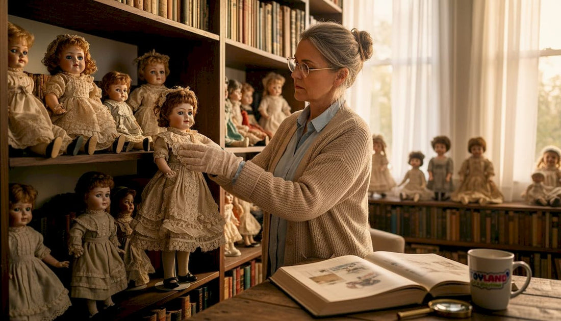 Collector arranging antique dolls on living room shelves