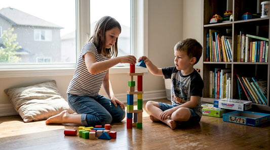 Children building toys in a cozy living room