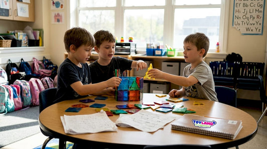 Children building toy structures together classroom