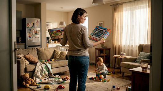 Parent choosing between toy options at home