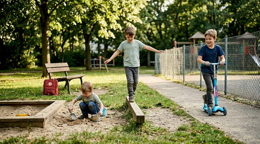Children using outdoor toys in city park