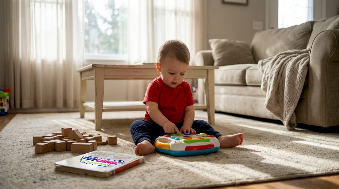 Toddler playing with interactive toy in living room