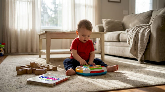 Toddler playing with interactive toy in living room