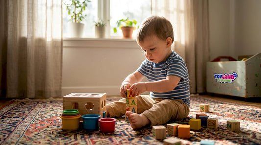 Toddler playing with educational toys on rug
