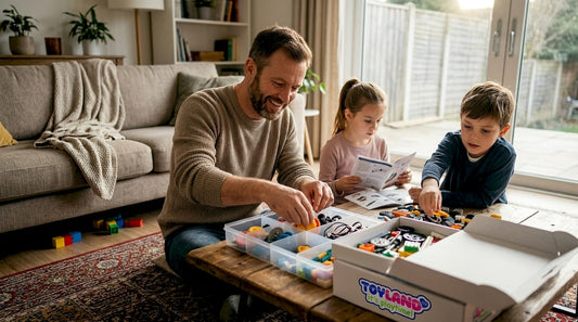 Parent organizing STEM toy area with children