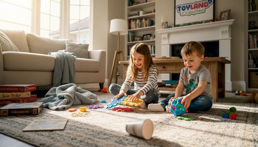 Children playing with multisensory toys on living room floor