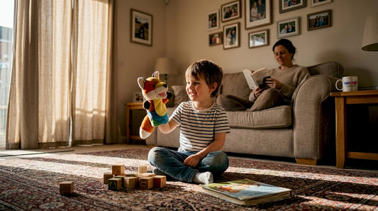 Child playing with animal hand puppet in living room