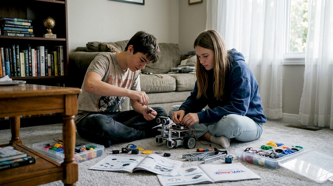 Teens assembling a robotics kit in living room