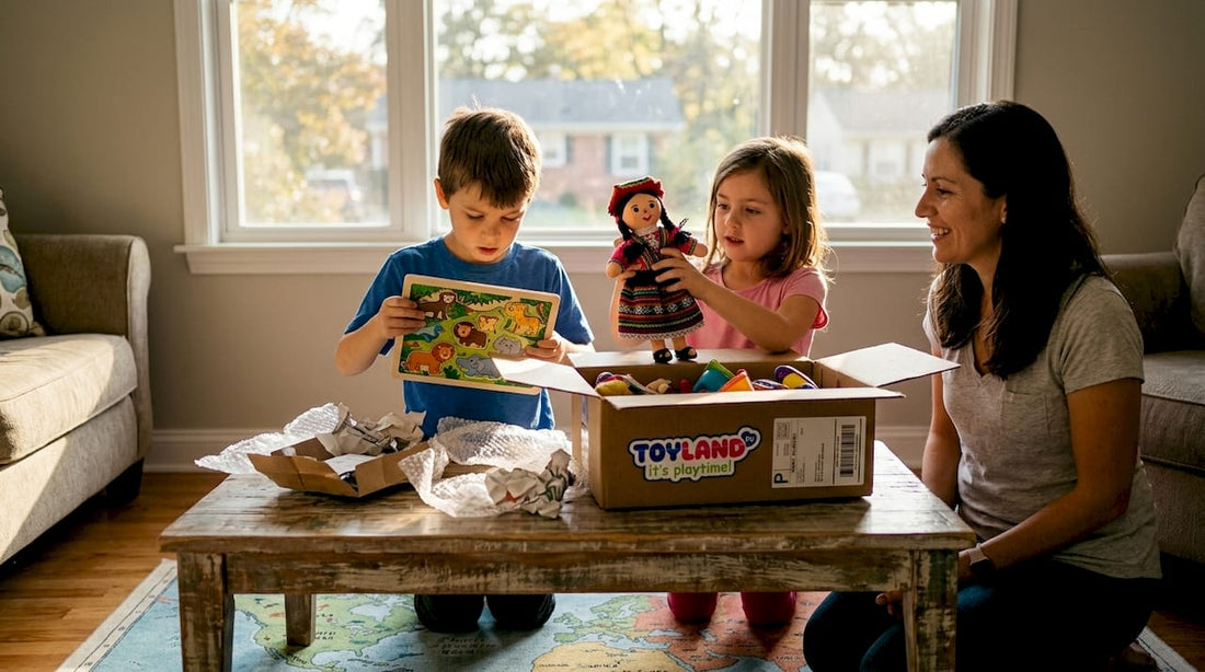 Family unboxing international toys in living room