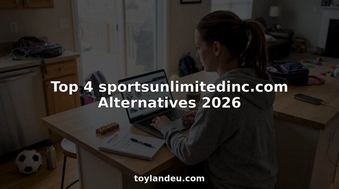 Mother comparing sports gear sites at kitchen island