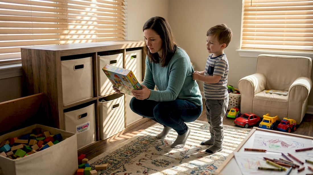 Parent selecting toys in home playroom
