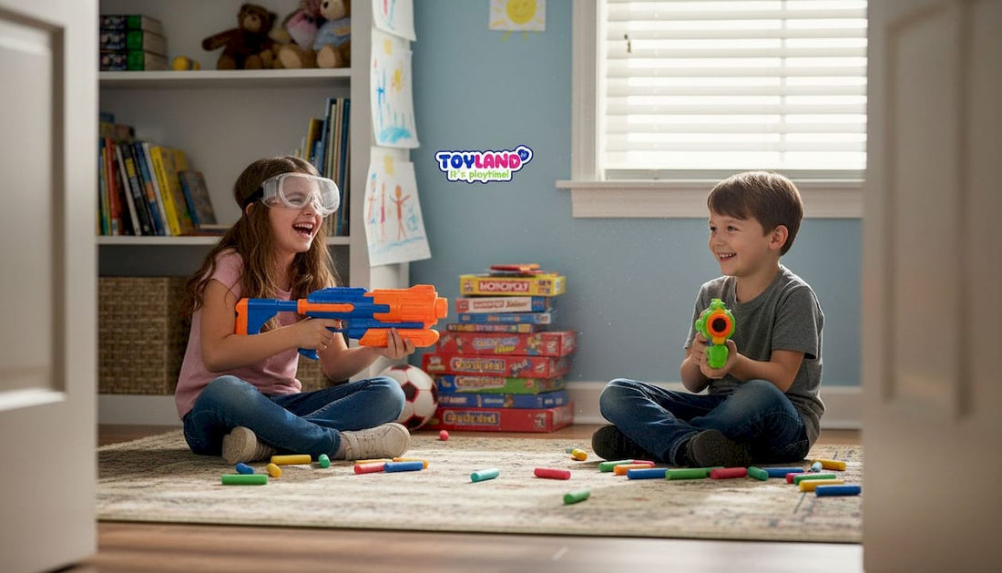Children playing safely with toy blasters