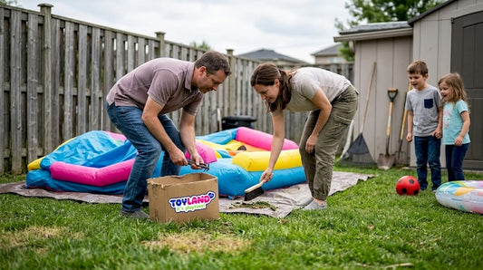 Parents inspecting backyard bouncy house setup