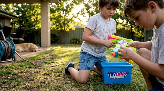 Children inspecting electric water guns in backyard