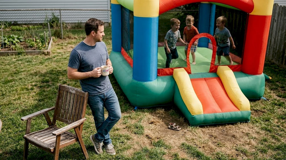 Parent supervising kids in backyard bouncy house