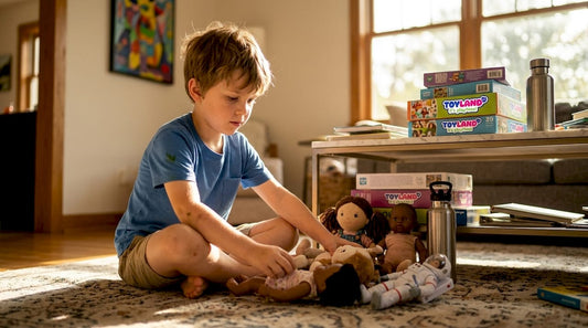 Boy playing with dolls in living room