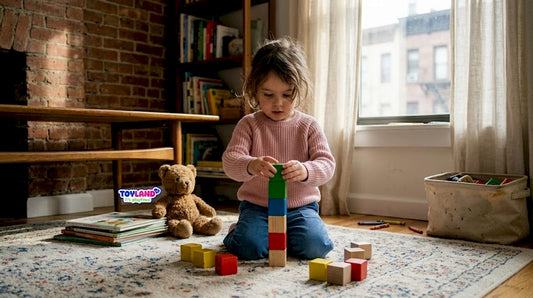 Child building block tower in lived-in living room