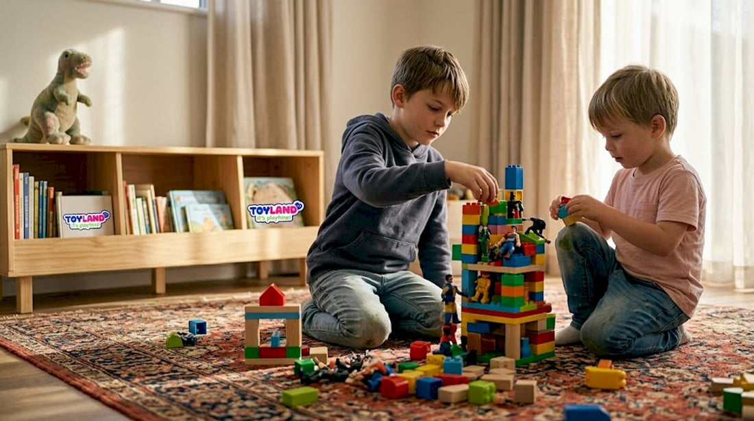 Boys playing with toys in casual living room