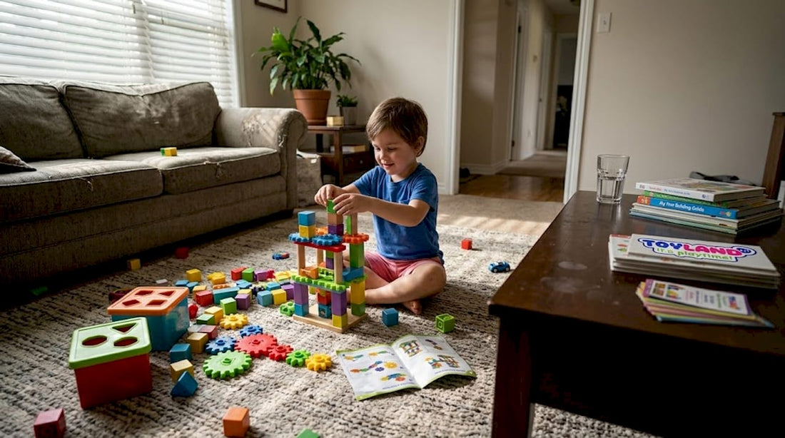 Child exploring learning toys in living room