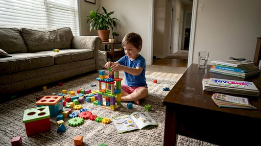 Child exploring learning toys in living room