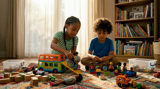 Children playing with inclusive diversity toys at home