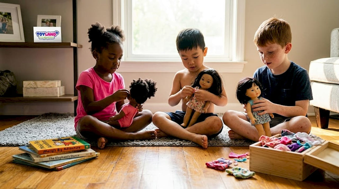 Children playing with diverse dolls on living room floor