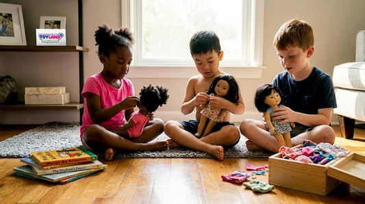 Children playing with diverse dolls on living room floor