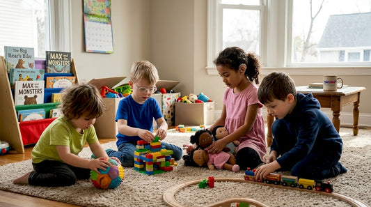 Children playing diverse toys in living room