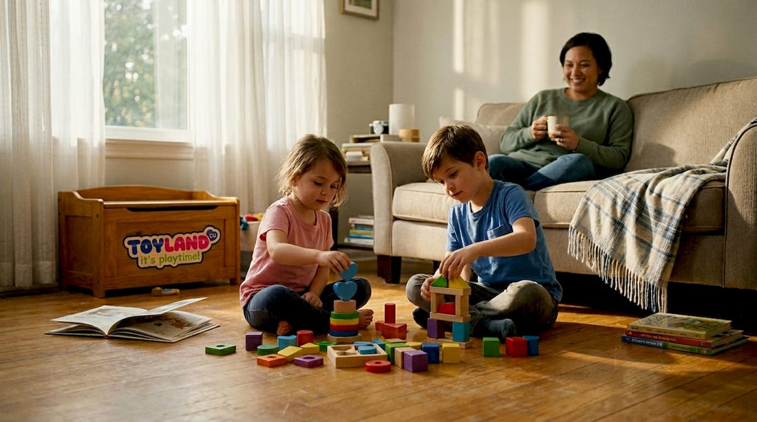 Children playing with educational toys and parent nearby