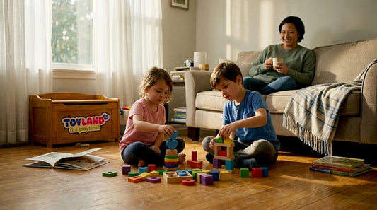 Children playing with educational toys and parent nearby
