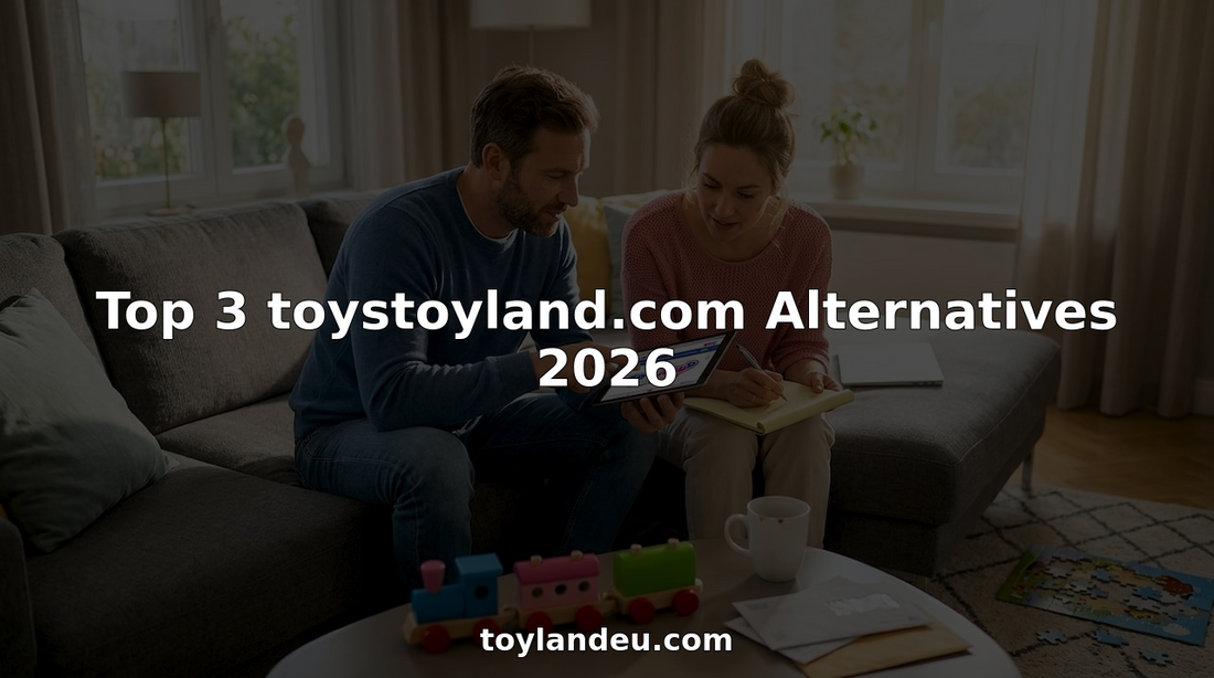 Parents browsing toys online in bright living room