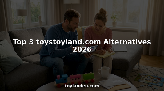 Parents browsing toys online in bright living room