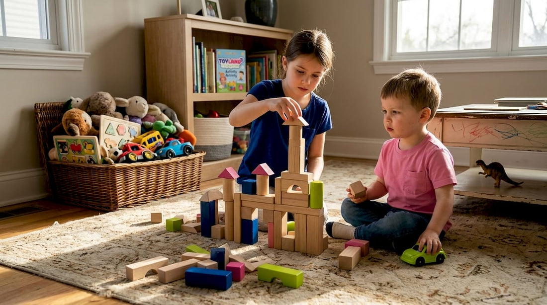 Children building blocks in living room