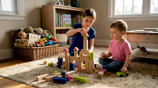 Children building blocks in living room
