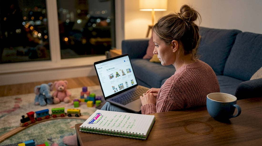 Mother researching toy gifts on sofa
