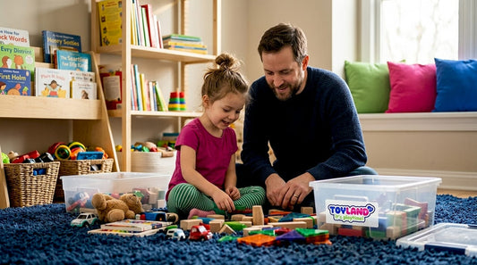 Parent and child sorting toy boxes