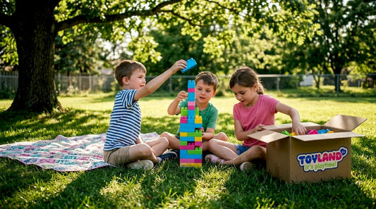 Children collaboratively building with toys in bright playroom