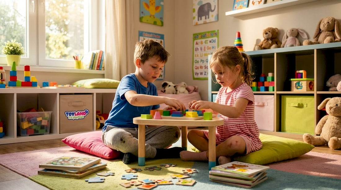 Children assembling puzzle toy at living room table