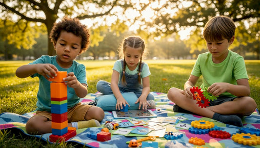 Children exploring STEAM toys on living room floor