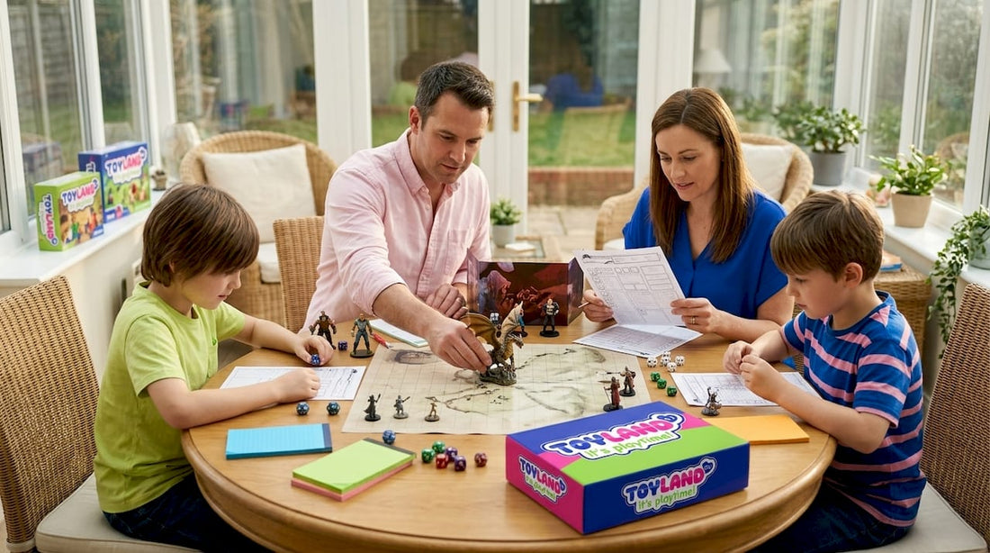 Family using action figures for tabletop RPG