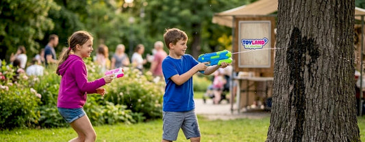 Children using electric water gun outdoors