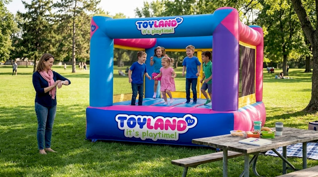 Children playing in backyard bouncy house