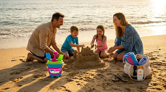 Family building sandcastle on early morning beach