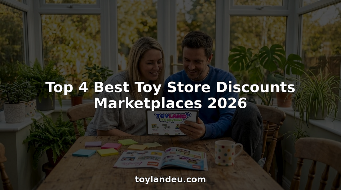 Parents searching toy discounts at kitchen table