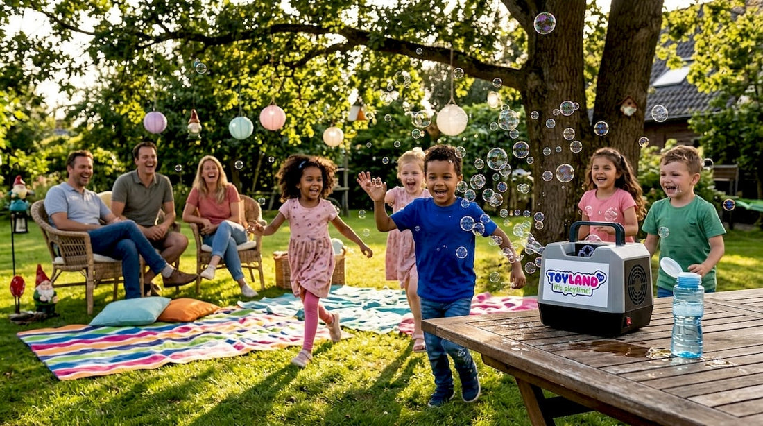 Children playing with bubbles at backyard party