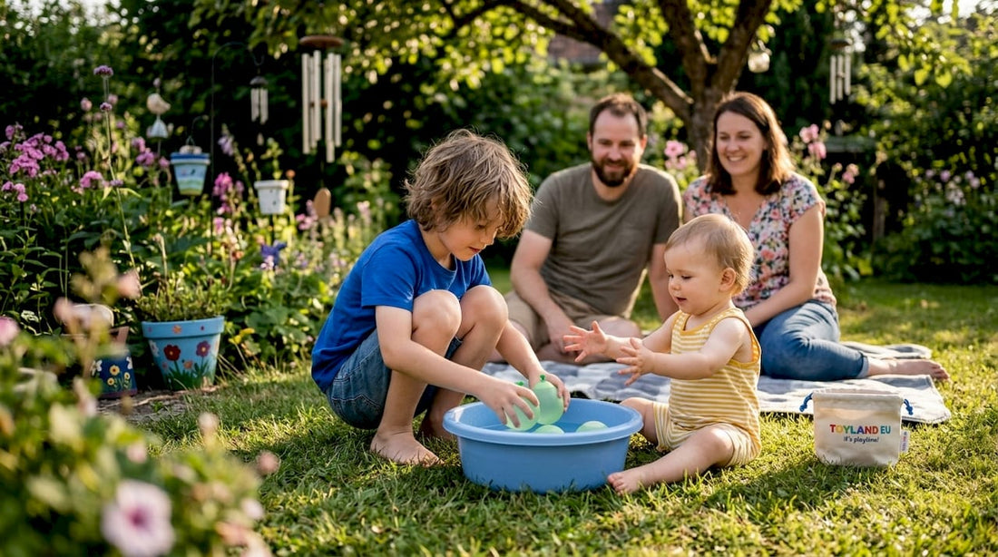 Family fills reusable water balloons in backyard