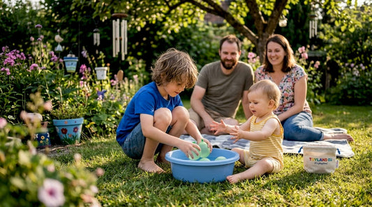 Family fills reusable water balloons in backyard