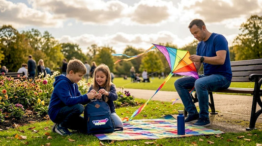 Family preparing kite in city park